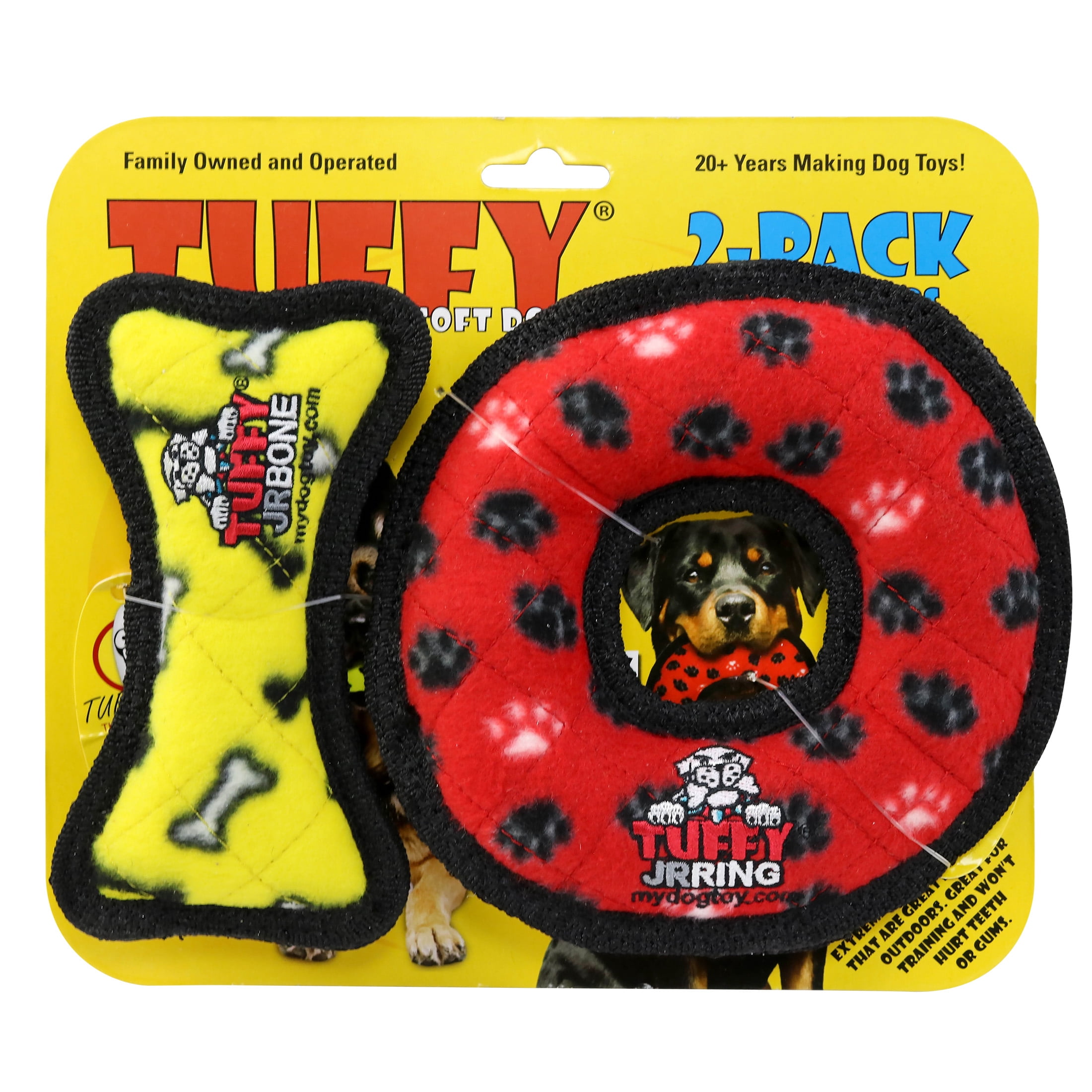 TUFFY Jr Bone Yellow and Ring Red Paw Durable Plush Squeaky Dog Toy, 2 Pack
