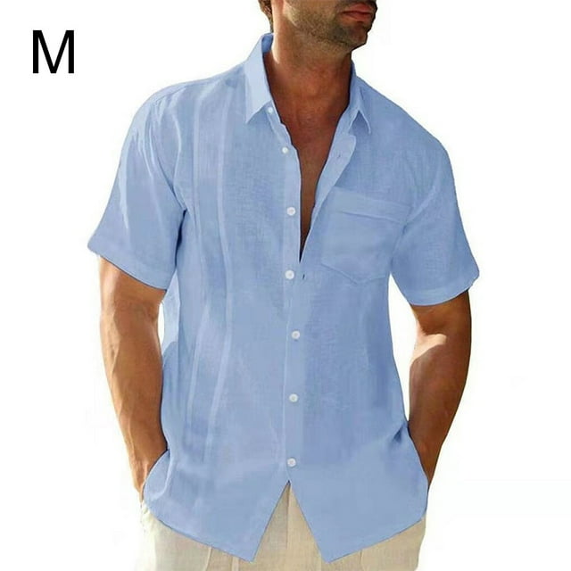 ziyahi Traveling Casual Style Men's Button Down Shirt Summer Pool Party Solid Color Simple Design Slim Fit Tops Daily Clothes Light Blue M