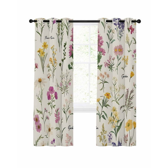 Wildflowers Blackout Curtains, Light Blocking Print Window Curtains, Blossoming Botanical Prints Garden Floral Thermal Insulated Window Drapes for Living Room Kitchen Cafe 2 Panels, 104"W x 90"L