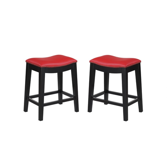 Emerald Home Briar Traditional Red 24" Bar Stool with Faux Leather Saddle Seat And Nailhead Trim, Set of Two