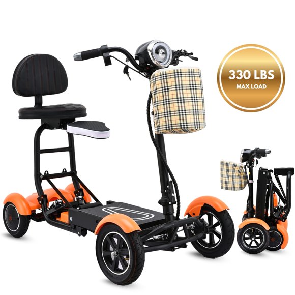 Trottinette de Mobilité Durable à 4 Roues avec Panier avant pour Adultes et Aînés - Capacité de 330 Lb, Fauteuil Roulant Électrique Pliable à Double Siège pour le Voyage - Orange Mat