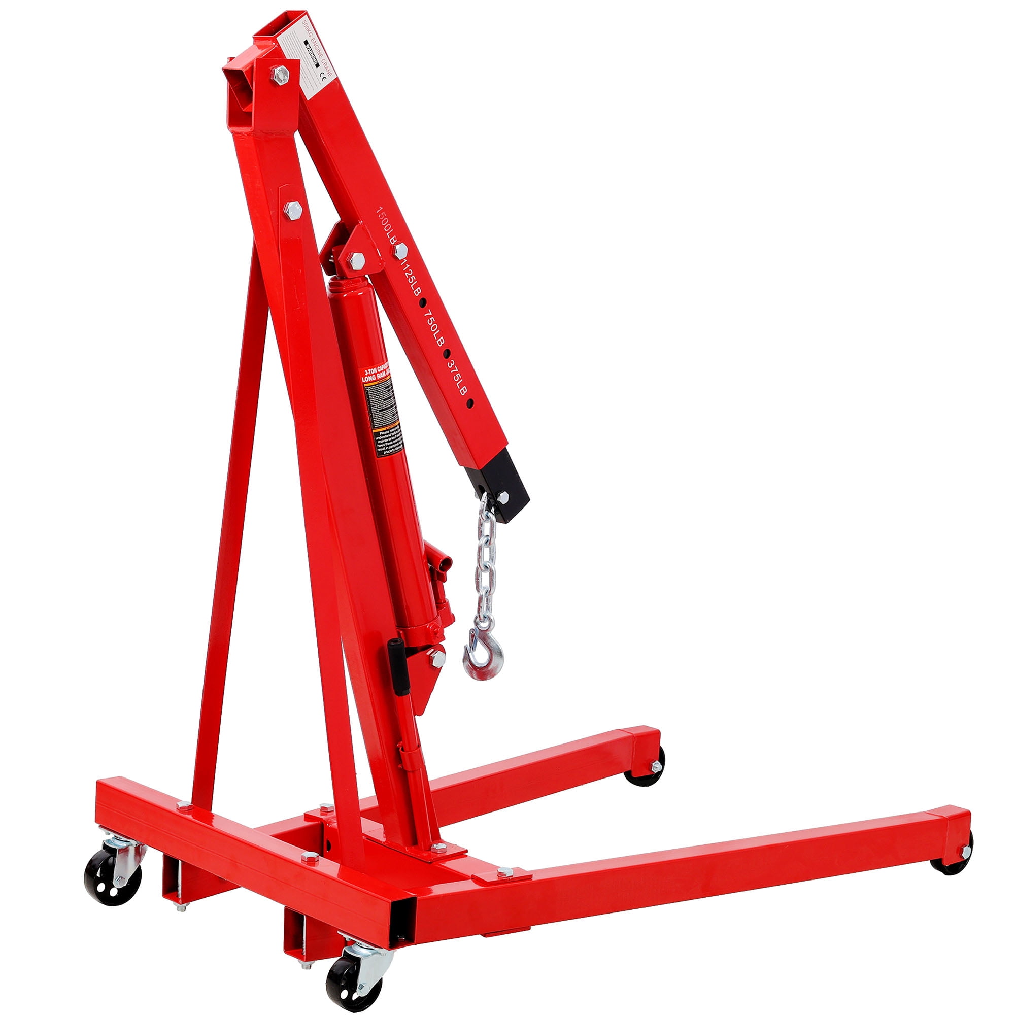 Red Folding Engine Crane Hoist with 1500 Lbs Capacity, Steel Frame and Caster Wheels for Workshop Use