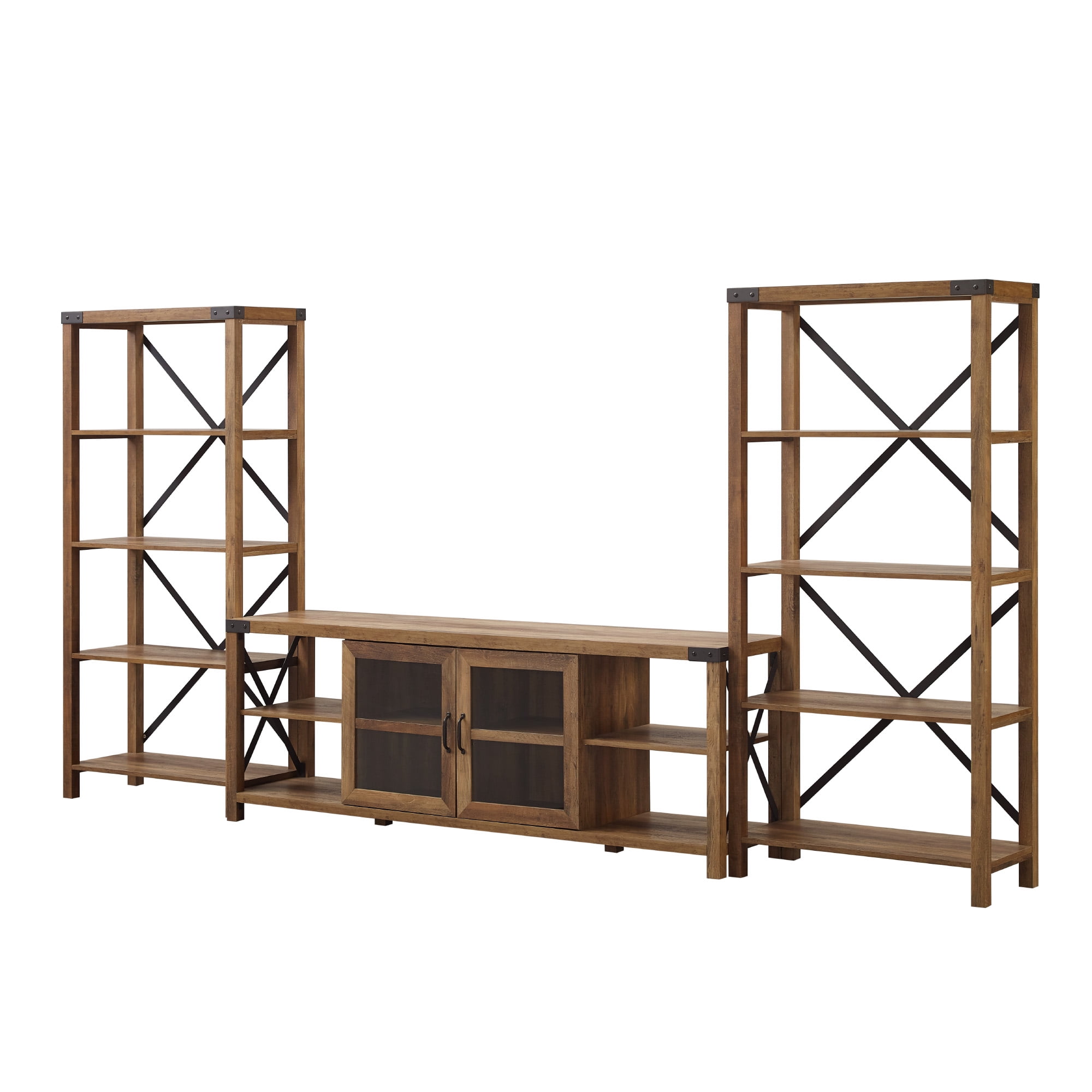 Walker Edison Rustic Industrial 3 Piece Entertainment Fireplace Wall Set, Barnwood