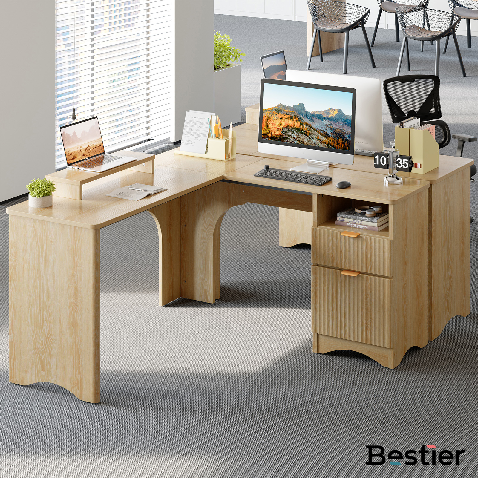 Bestier L-Shaped Desk with Drawers, Natural Oak photo 4