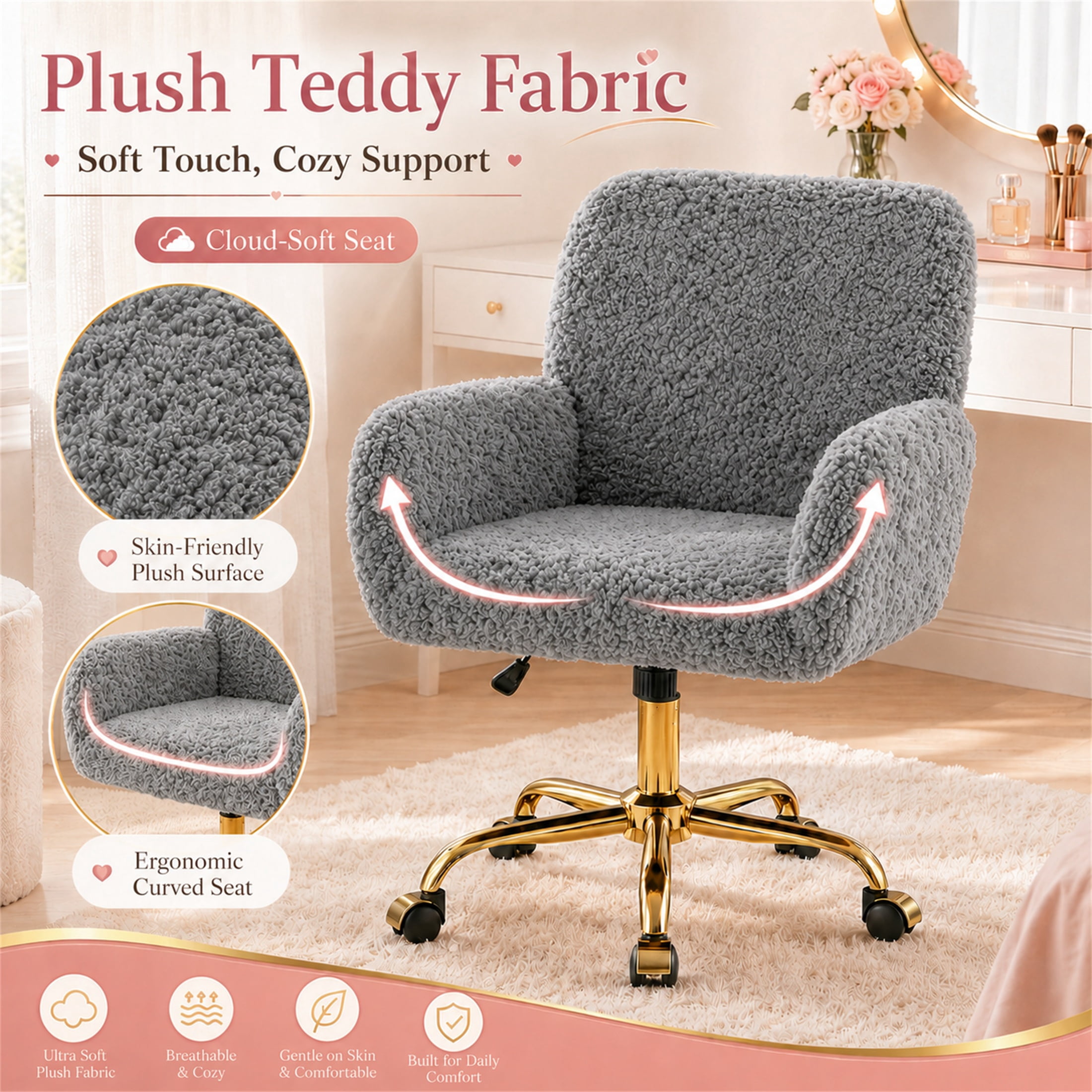 SESSLIFE Vanity Chair, Height Adjustable Velvet Makeup Chair, Comfy Home Desk Chiar with Gold Legs, 360° Swivel Office Chair for Bedroom, Gray