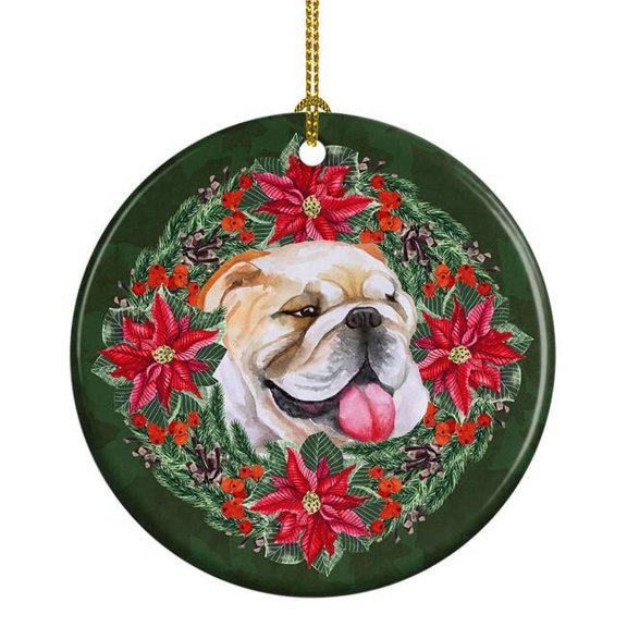 English Bulldog Poinsetta Wreath Ceramic Ornament 2.8 in x 2.8 in