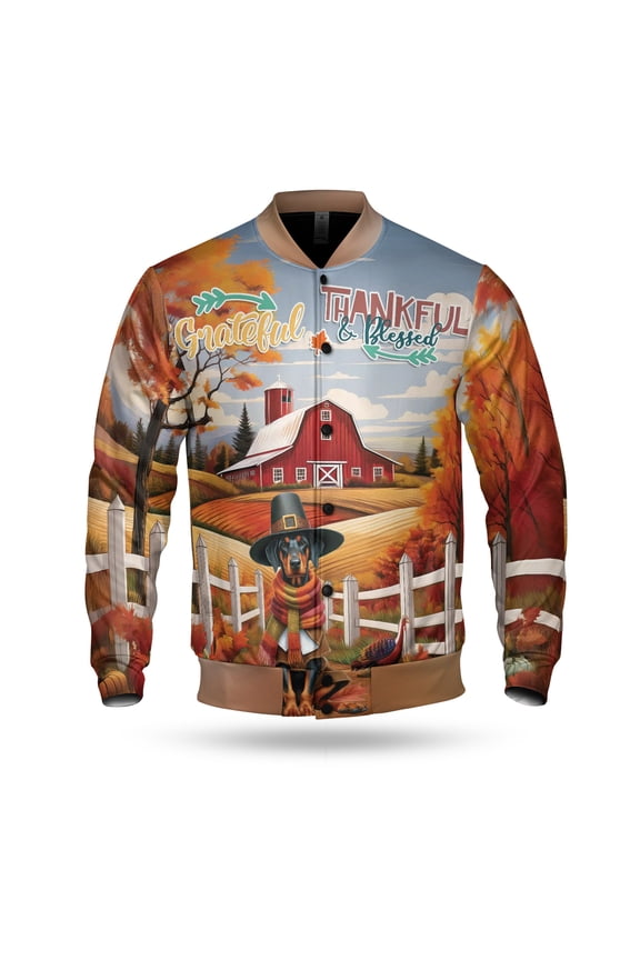 Thanksgiving Doberman Pinscher Pilgrim Grateful, Thankful, Blessed Fall Welcome All Over Print 3D Baseball Jacket Doberman Dog Lover Gifts Bomber Jacket Softball - 00021