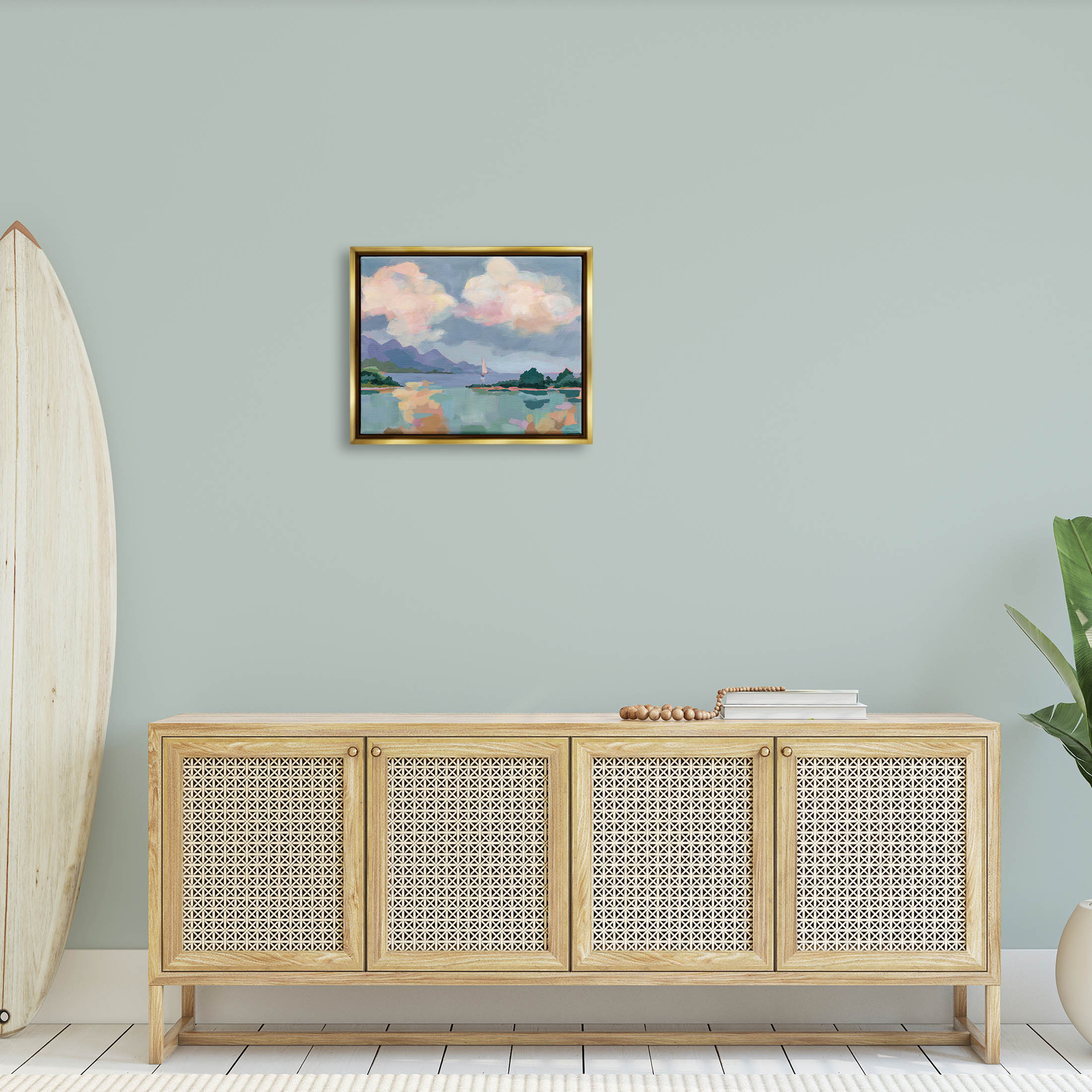 Stupell Industries Escape Peaceful Bay Landscape Painting Metallic Gold Floating Framed Canvas Print Wall Art, Design by Brinley Designs