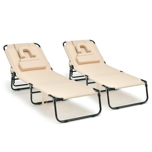 Patiojoy 2 Pcs Chaise Longue de Plage Réglable Chaise de Bronzage Face vers le Bas avec Trou pour le Visage et Oreiller Amovible 5 Positions Réglables Beige