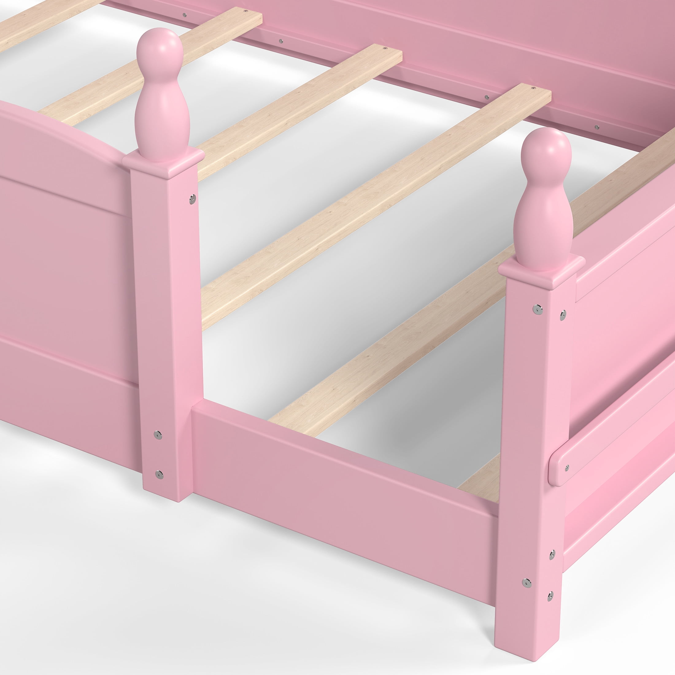 GDF Studio Twin Size Montessori Floor Bed with Guardrails & Side Bookshelf, Childlike Design, Pink