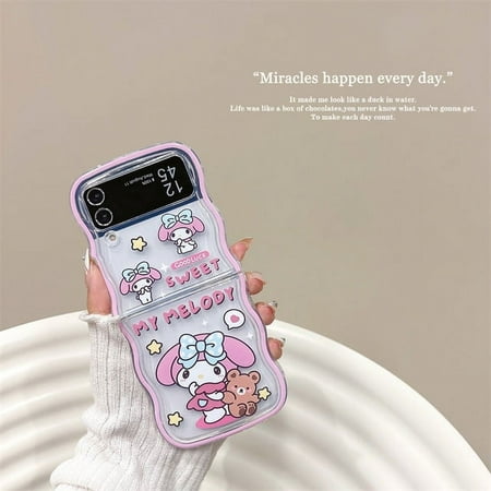 Cute Sanrio Kuromi My Melody with Lanyard Phone Case for Samsung Galaxy Z Flip 3 Z Flip 4 5G PC Hard Anti-drop Back Cover Funda