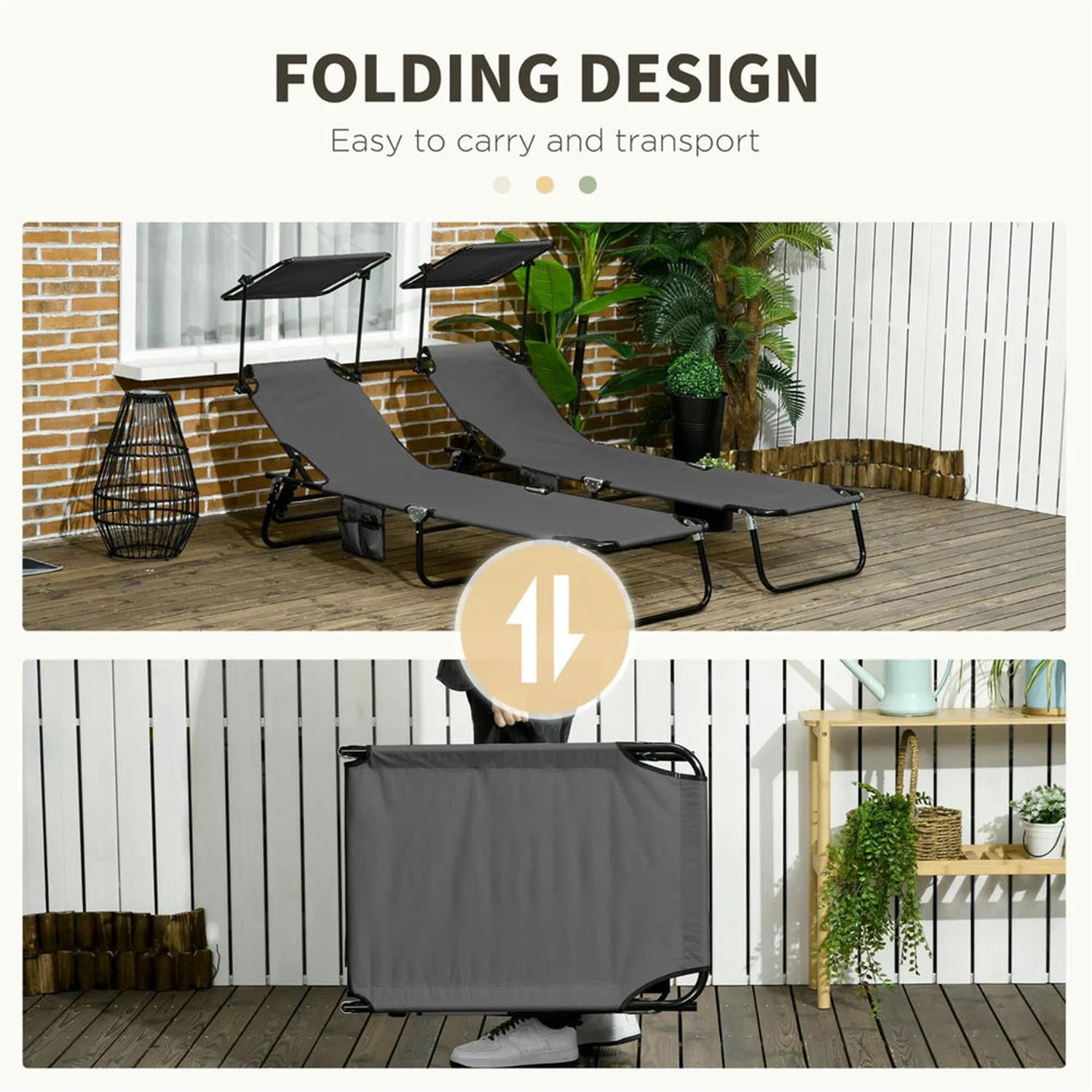 Demi Bonn Folding Pool Chaise Lounge Chairs Set of 2 with Sunshade, Reclining Back, Durable Steel Frame Relaxation, Weatherproof Outdoor Patio Seating, Gray