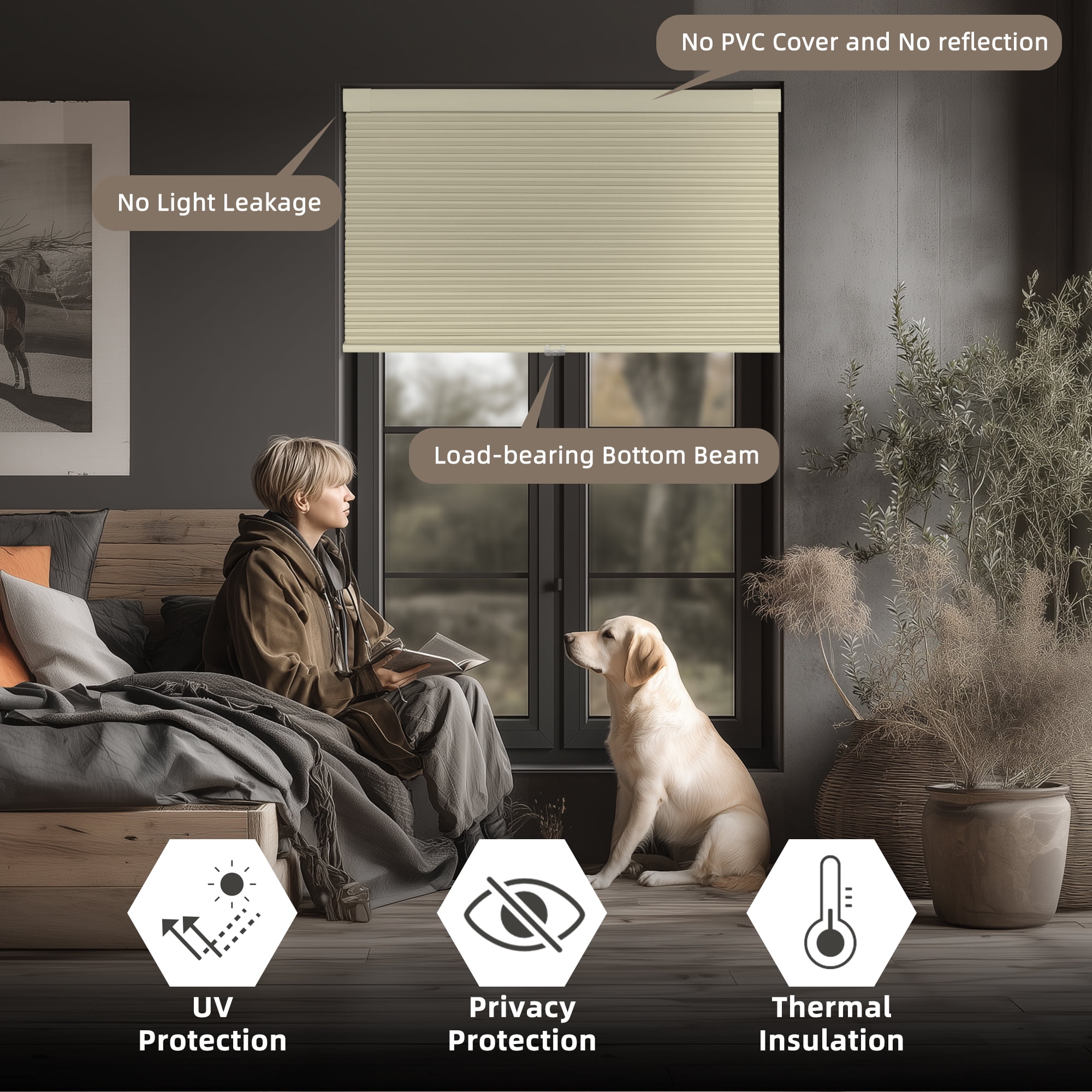 BERISSA Cordless Blackout No Drill No Tools Cellular Shades, Pull Down Window Blinds,Beige,42" W x 80" H