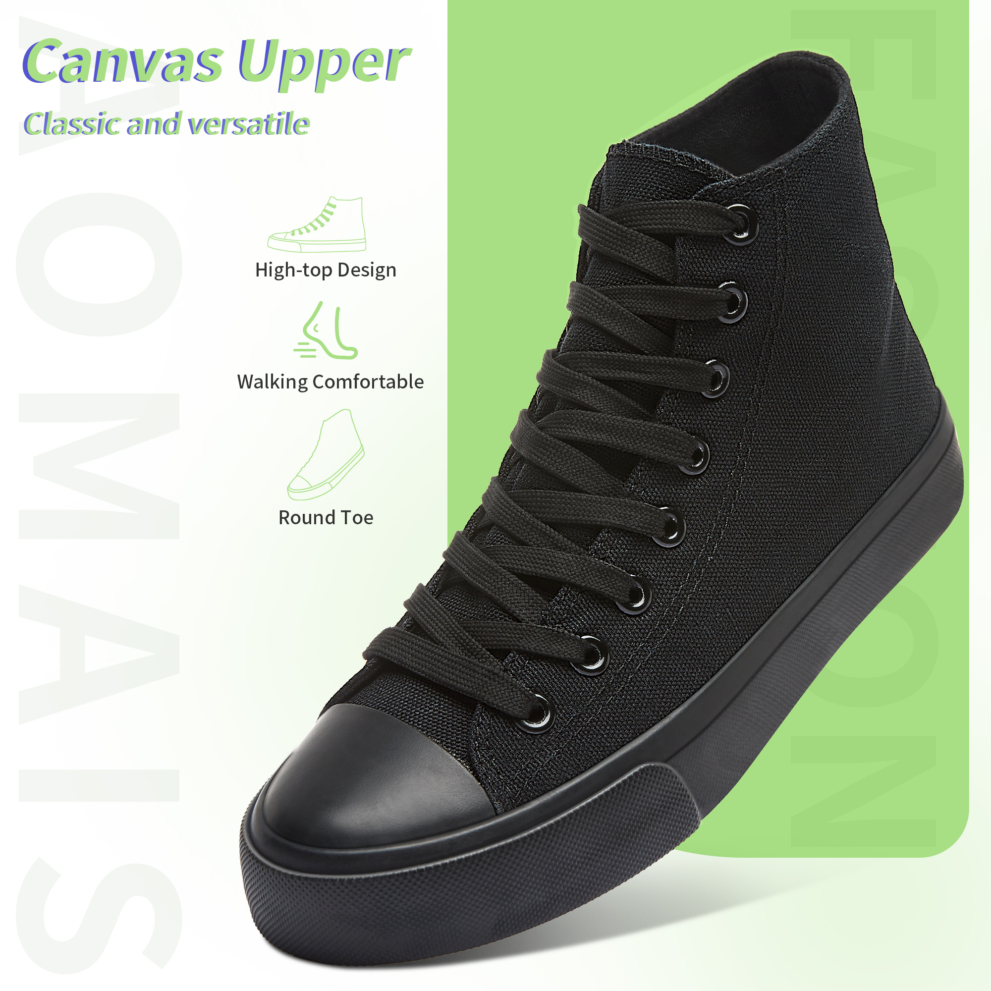 AOMAIS Womens High Top Canvas Sneakers Lace Up Mid Top Canvas Shoes Comfortable Non Slip Walking Shoes Casual Tennis Shoes for Women(ALL Black US7)