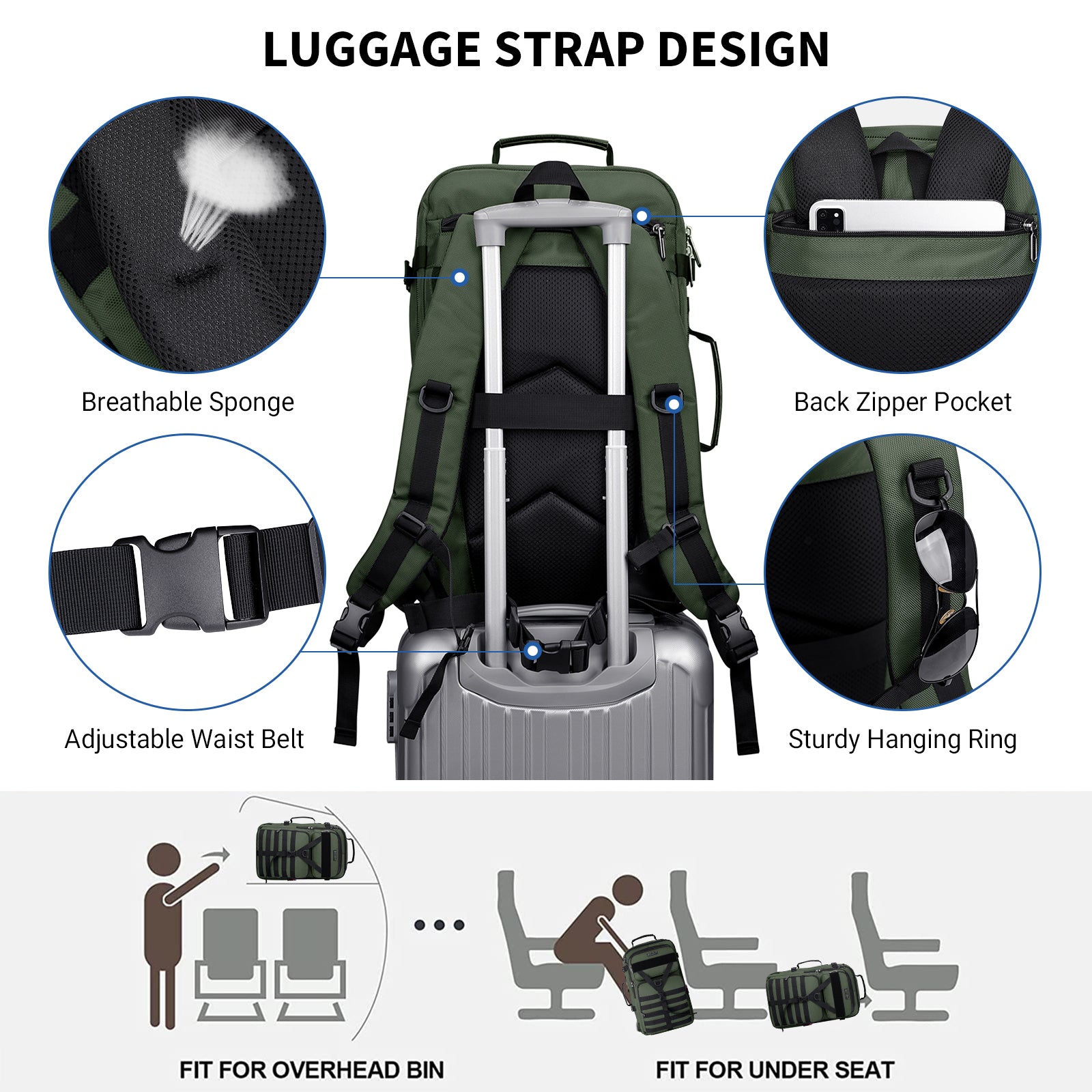 WITZMAN Carry On Travel Backpack for Men Convertible Nylon Backpack 3 in 1 Bag fit 17 Inch Laptop for Airplane 45L,B688 Army Green