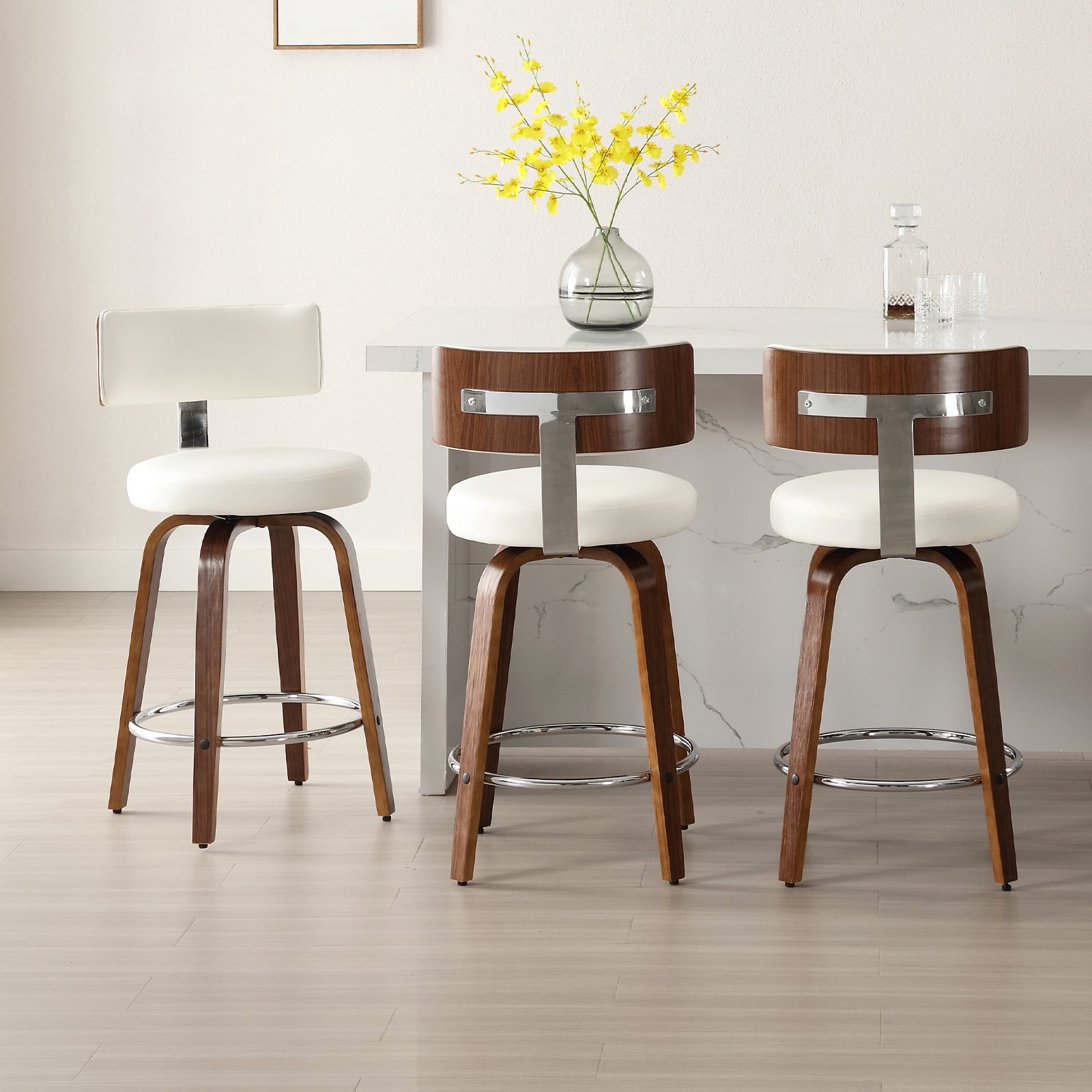 ANMINY Bar Stools Set of 3 360° Swivel with Back and Round Seat PU Leather Barstools 26" Bar Height Upholstered Bar Chairs Island Stools for Kitchen Counter