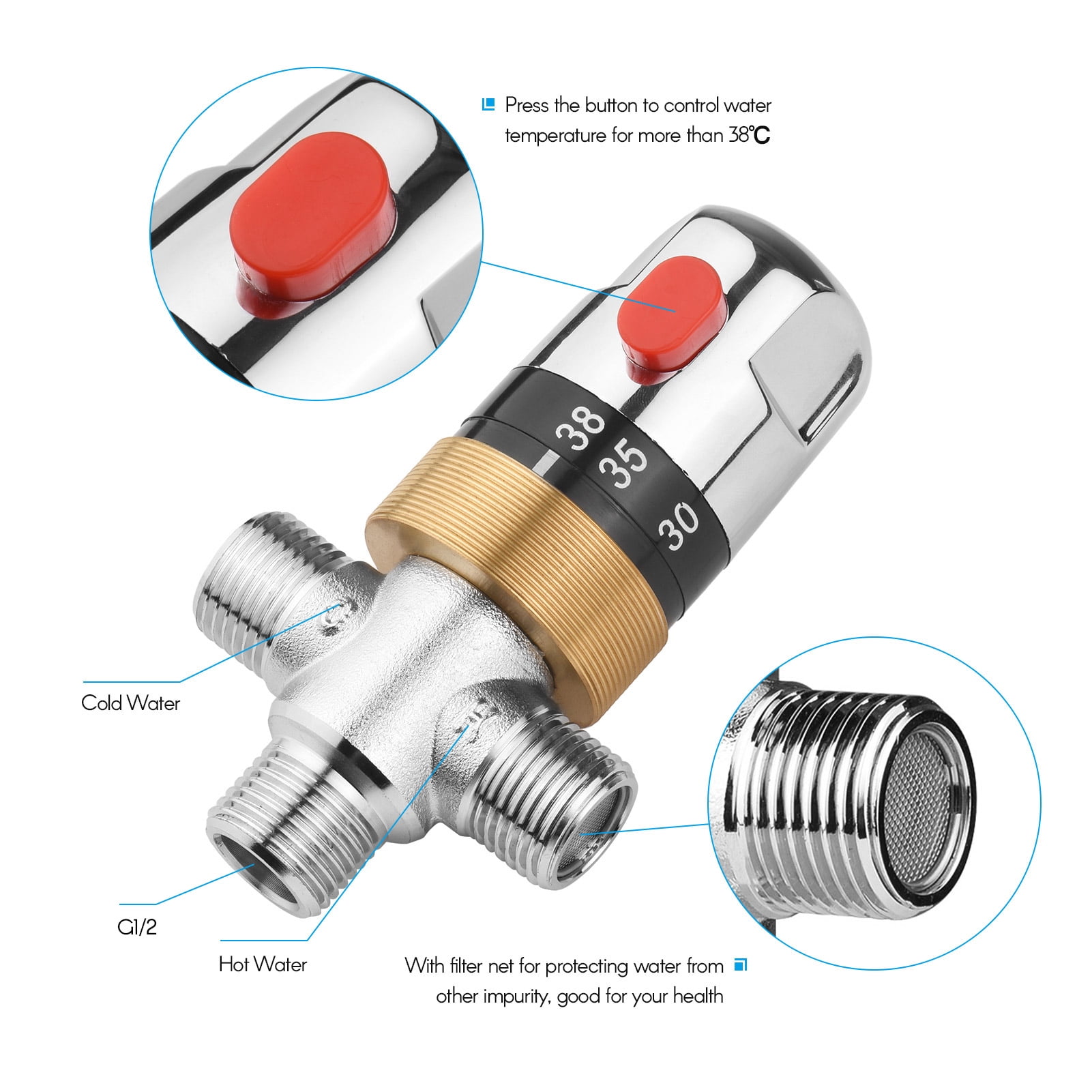 Thermostatic Temperature Control Valve Hot Cold Water Shower Mixer G1/2  Copper Mixing Valve Three-Way Shower Diverter Valve For Solar Heating  System