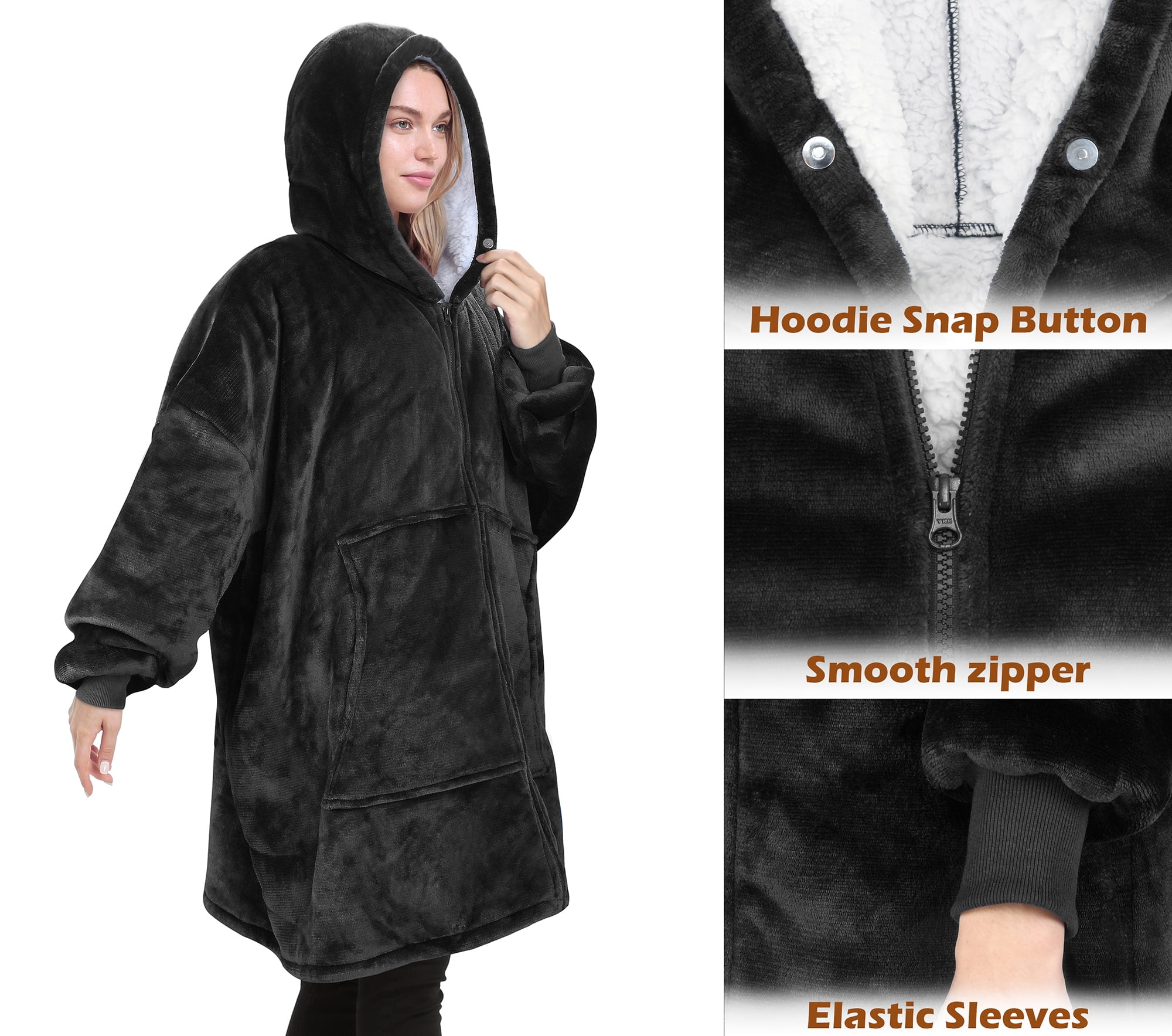 Catalonia Oversized Hoodie Blanket with Zipper, Wearable Sherpa Sweatshirt Pullover, Soft Warm Comfortable Jacket for Adults Men Women, Black