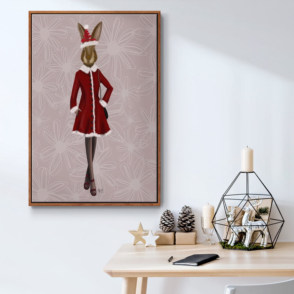 Christmas Christmas Fashion Bunny - Framed Gallery Wrapped Holiday Canvas - 25 x 37 - Rosewood Frame