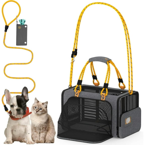 PAWZIDEA Expandable Cat Carrier w/ID Card, 18X11X11 TSA Airline Approved Pet Carrier for 2 Cats Under Seat, Soft-Sided Collapsible Small Dog Carrier Car Seat Travel Bag, Shoulder Strap as Dog Leash