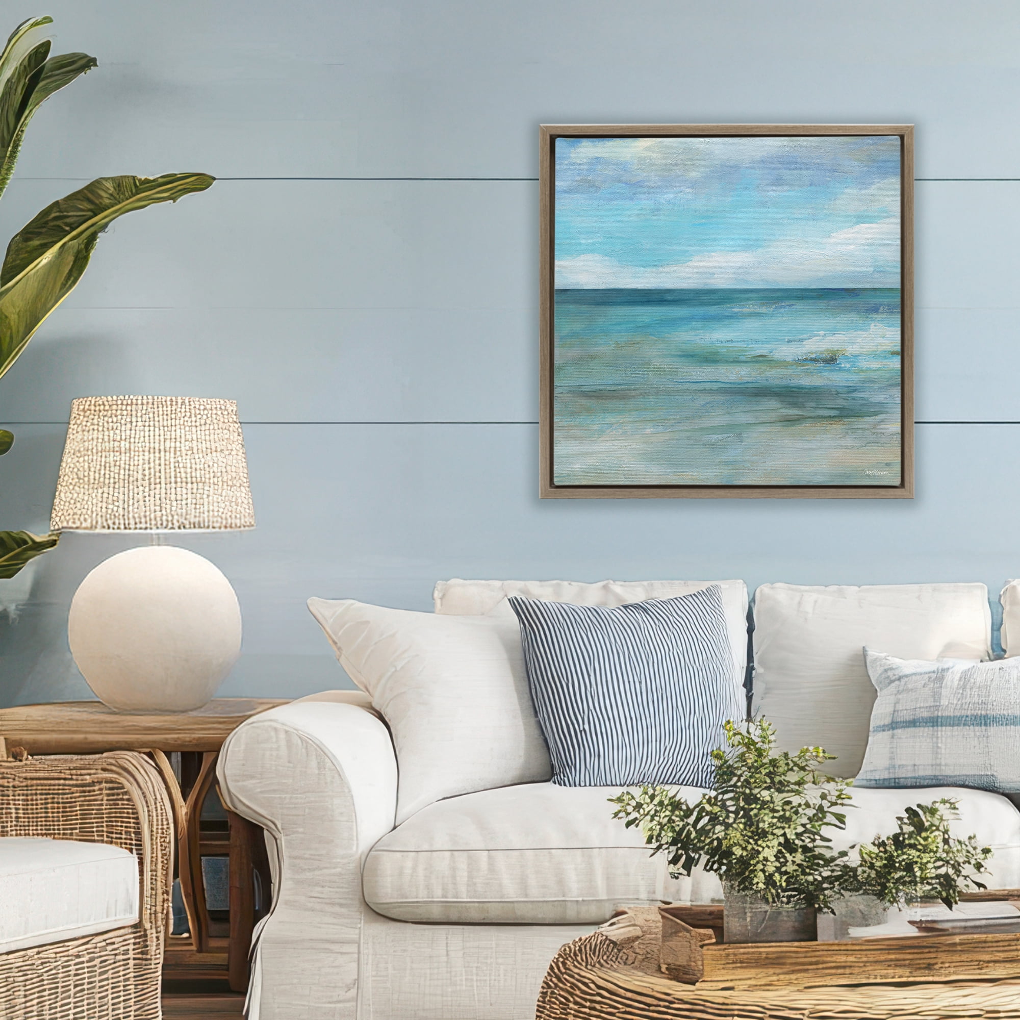 Stupell Industries Aqua Ocean Horizon Abstract Brown Framed Floater Canvas Wall Art, design by Carol Robinson