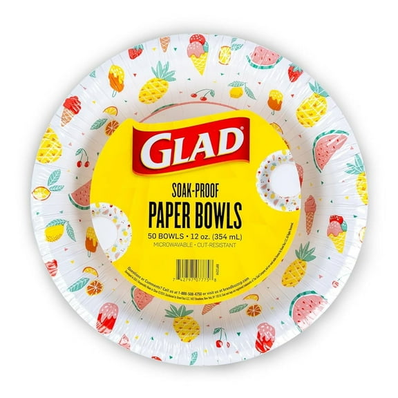 Round Disposable Paper Bowls, Picnic Design - Heavy Duty, Soak Proof, Cut-Resistant, Microwavable Bowl for All Foods & Daily Use, 12 Oz, 50 Count