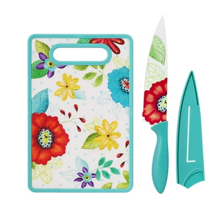 Ceramic Stainless Steel Chef Knife W/ Shealth & Cutting Board Set - Floral