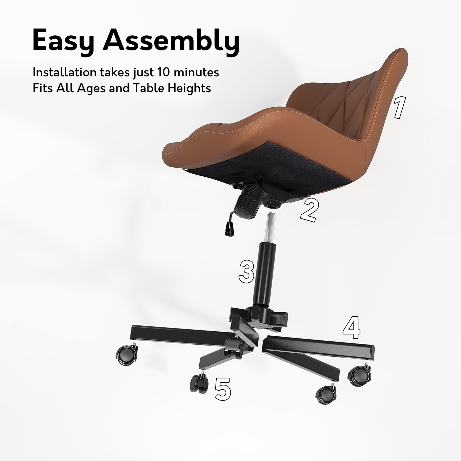 iooHug Armless Office Chair, PU Leather Small Computer Desk Chair with Wheels, Adjustable Swivel Vanity Chair with Memory Foam Cushion, No Arms Task Chair for Home Office, Bedroom, Brown