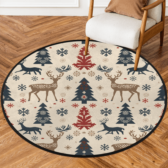 CURLYOOT Round Rug 3ft Christmas Tree Area Rug, Washable Circle Mat Non Slip Floor Carpet Mat, Vintage Elk Soft Indoor Rugs for Entryway Living Room Dining Room Bedroom