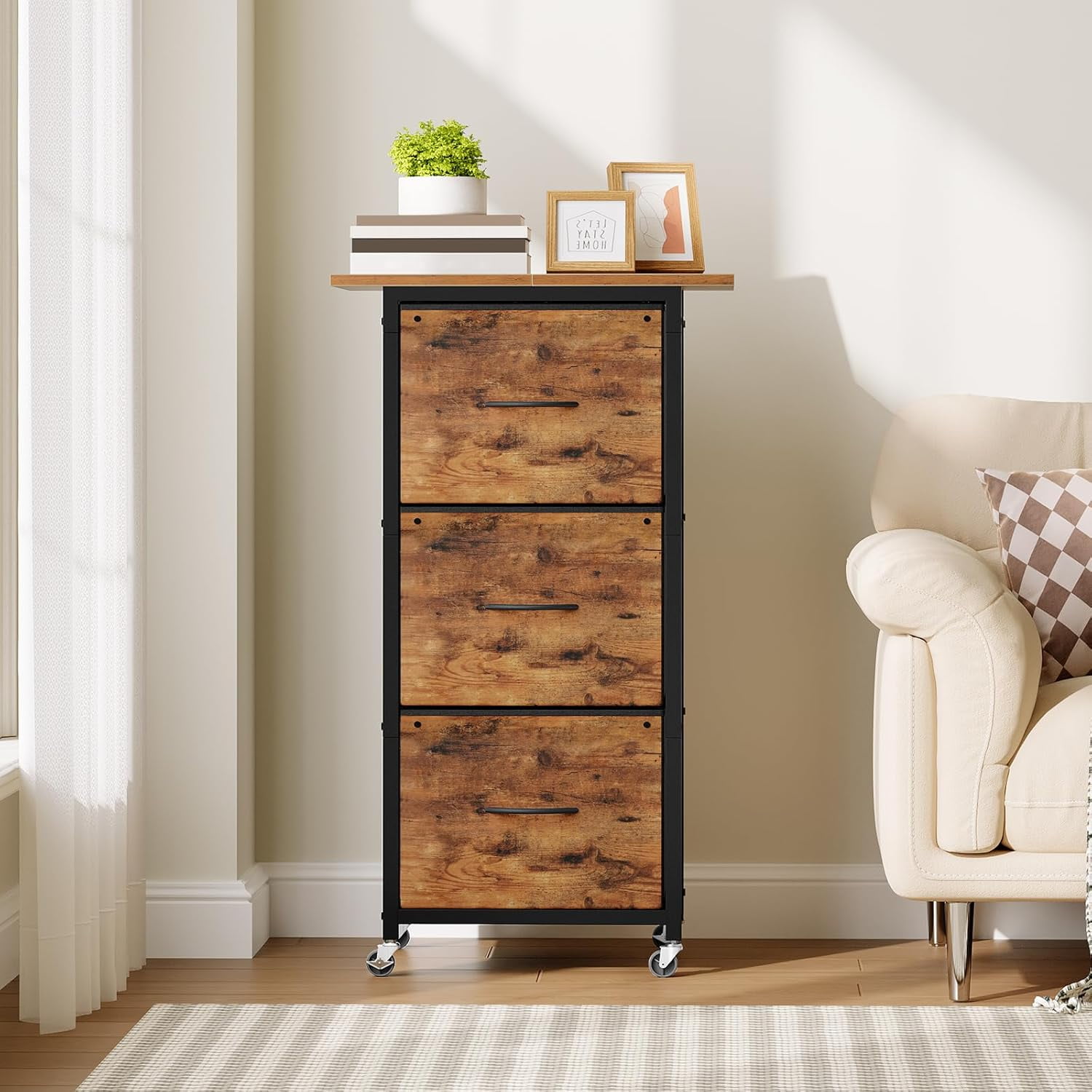 3 Drawer File Cabinet, Vertical Filing Cabinet with Wheels, Printer Stand with Non-Woven Fabric Drawer, Adjustable Hanging Rods, fits A4/Letter Size, for Home Office