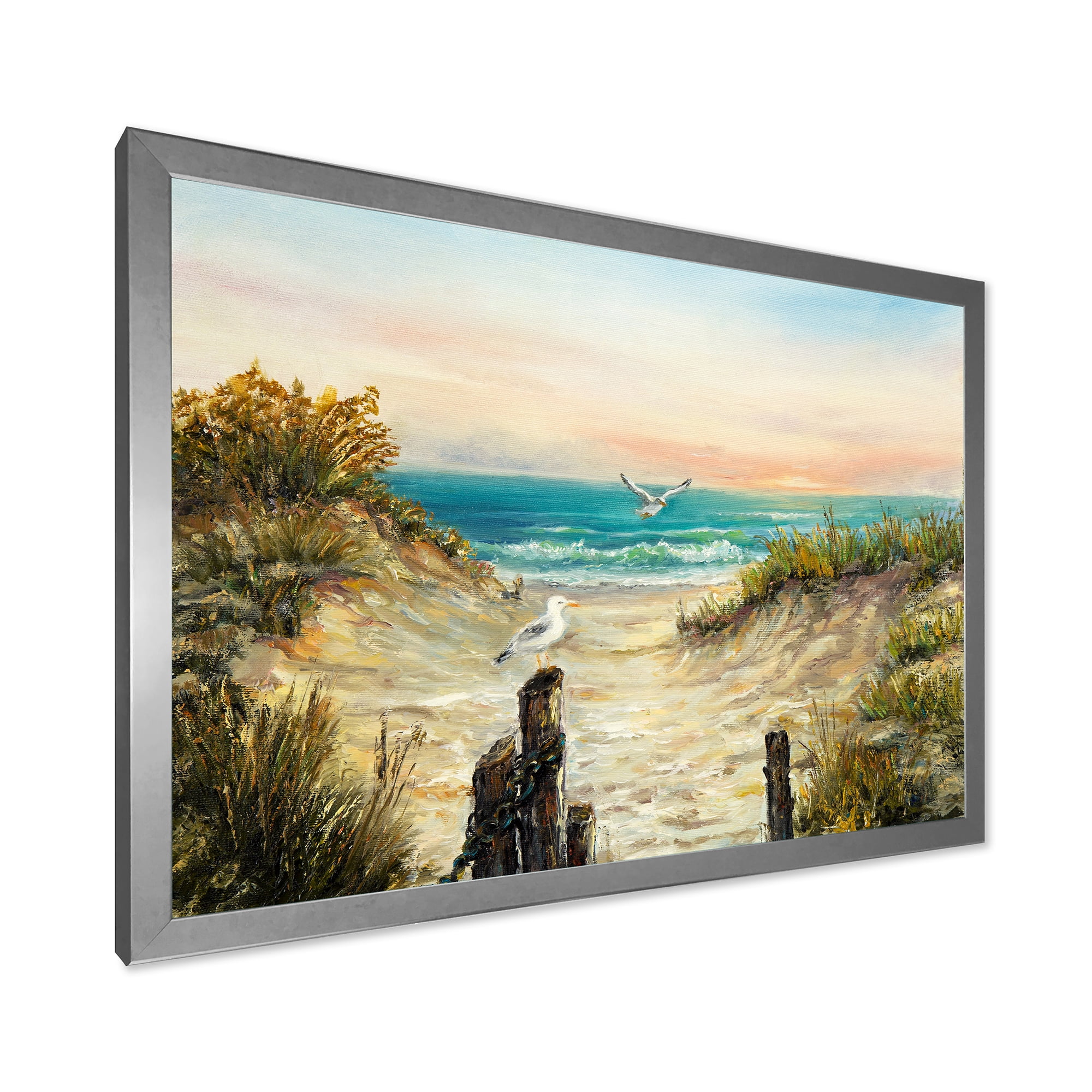 Ocean Dunes During Pink Sunset on Beach 20 in x 12 in Framed Painting Canvas Art Print, by Designart