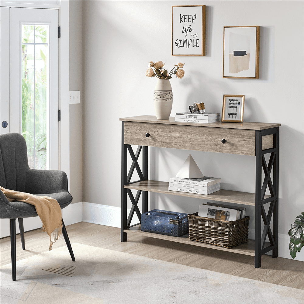 Renwick Vintage Wooden Console Table with 1 Drawer and 2 Open Shelves for Livingroom, Gray