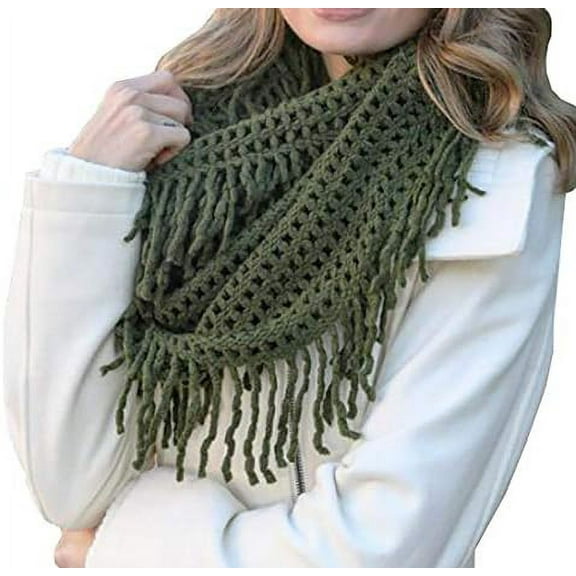 stylesilove Women Cozy Knit Tassel Infinity Loop Scarf - Olive