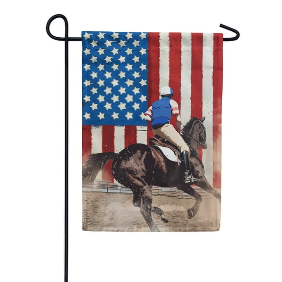America Forever Derby Race Horse Garden Flag 12.5 x 18 inches Patriotic Jockey 4th of July Summer Independence Day Brown Horse Double Sided Seasonal Yard Outdoor Decorative Equestrian Rider Flag