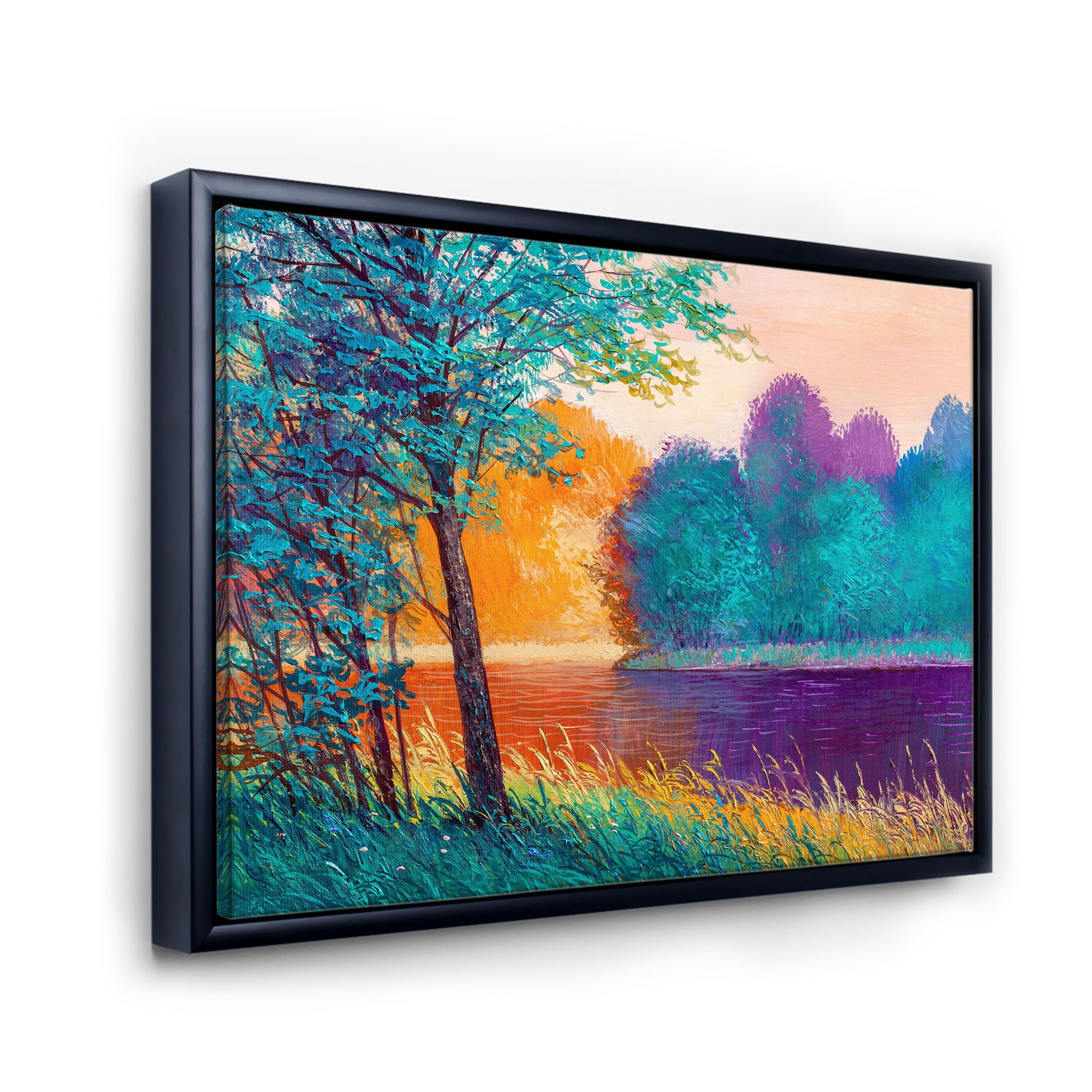 Designart 'Colorful Trees During Twilight Along River' Traditional Framed Canvas Wall Art Print