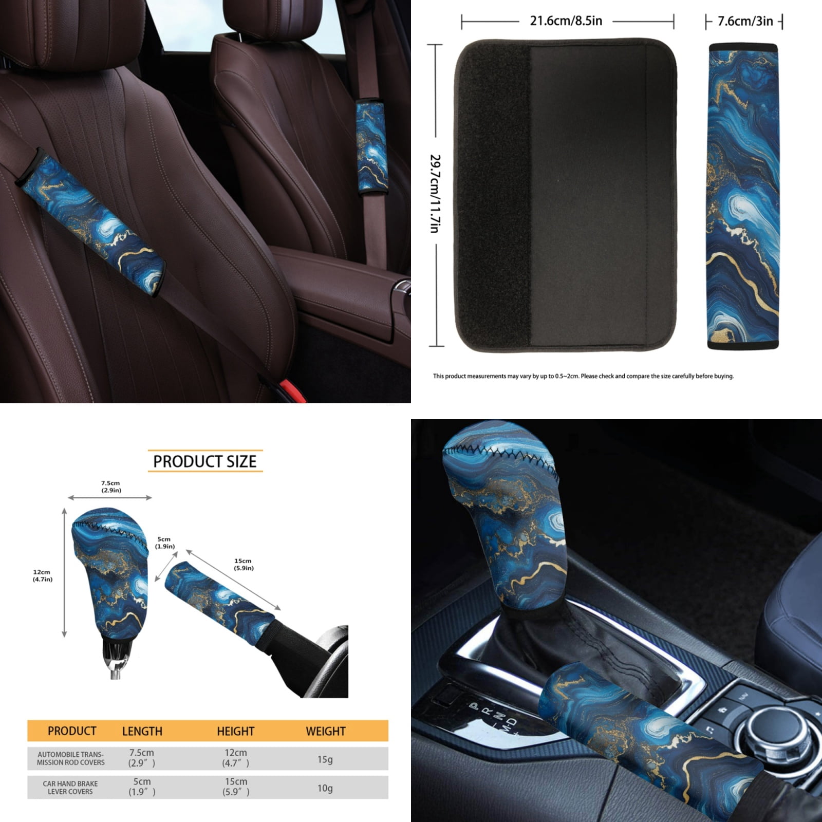 Yuyamidu Blue Marble Print Car Seat Cover Full Set of 14 Fashion Auto Steering Wheel Cover Seatbelt Pads Armrest Cushion Trash Can Rearview Mirror Cover Handbrake Cover Set Coasters