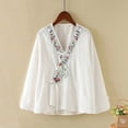 thumbnail image 2 of LEKWK Womens Linen Top Embroidered Wrap V Neck Bohemian Tops Long Sleeve Tunic Tops Side Tie Kimono Style Holiday Beach Outfits, 2 of 7