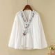 thumbnail image 2 of Tops de Manga Corta de las Mujeres Bordado Casual Cuello en V Botón de Color Sólido para Primavera Verano, Mezcla de Poliéster Estilo de Lino para el Uso Diario, 2 of 7
