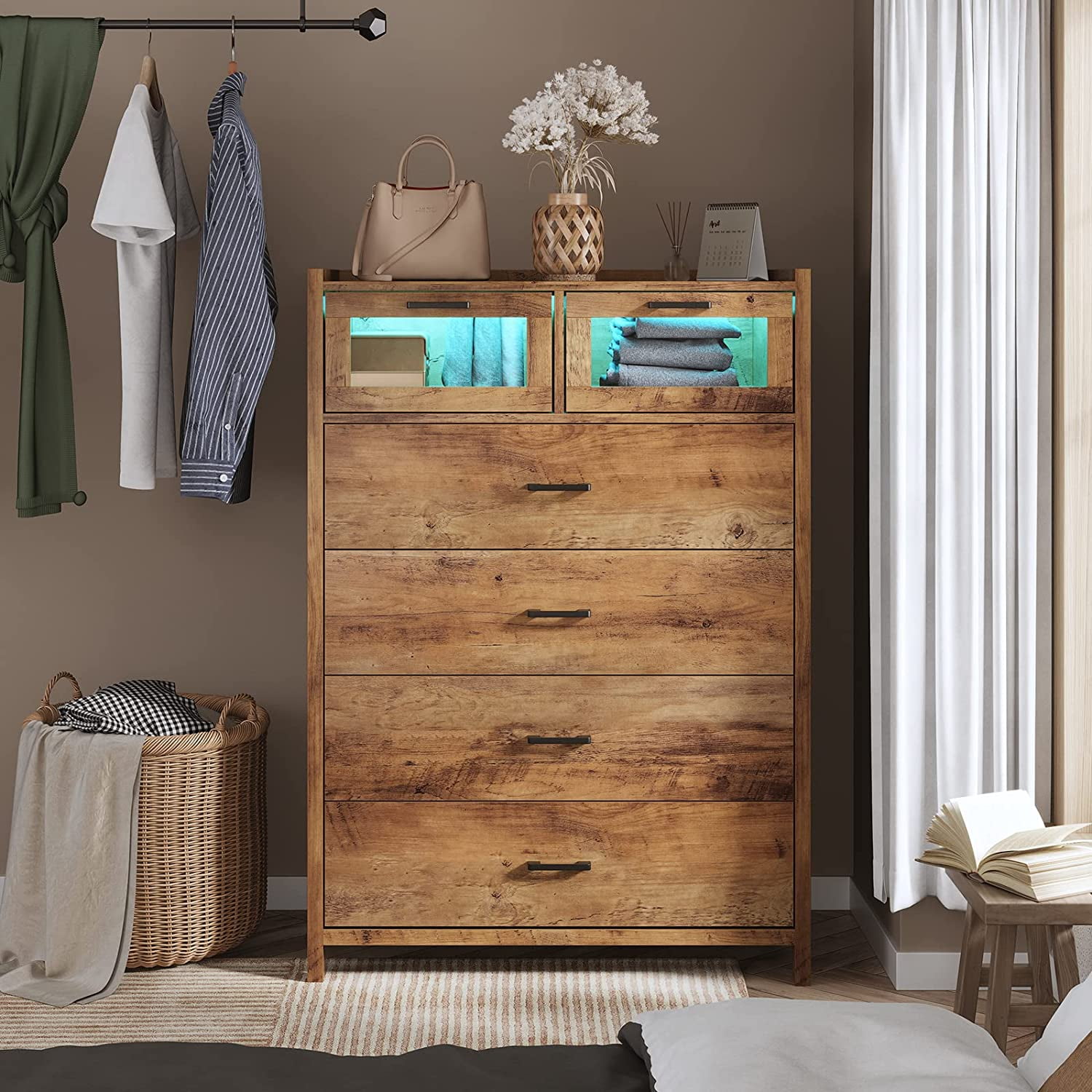 Dressers for Bedroom with LED Lights, 6 Drawers Storage Organizer Unit