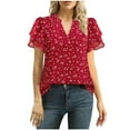 thumbnail image 3 of VBTAPA Women Tunic Tops Dressy Casual Short Sleeve Blouses Petal Ruffle Shirts V Neck Chiffon Work Business Shirt Red XXL, 3 of 7