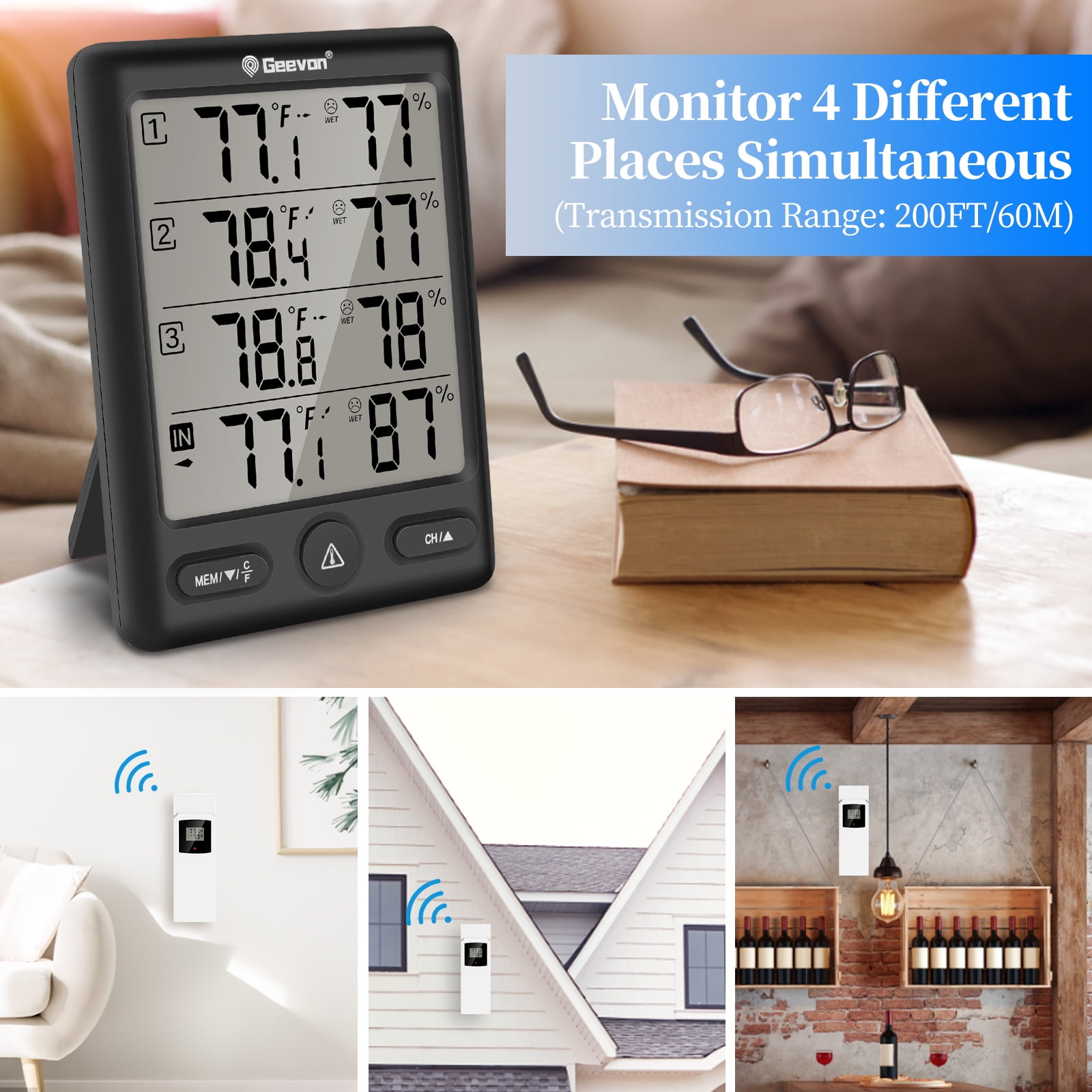 Geevon Indoor Outdoor Thermometer Wireless with 3 Remote Sensors, Wireless Thermohygrometer, Digital Temperature Humidity Meter with 200FT/60M Range(Black)