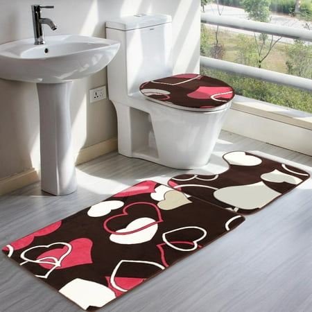 Cover Door Lid - 3PCS Heart Love Soft Bathroom Set Pedestal Rug + Lid Toilet Cover + Bath Mat Carpet Doormat
