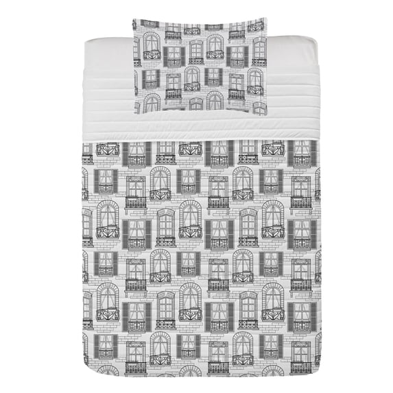Geometric Microfiber Bedspread Set, Apartment Building Urban Architecture European Windows City Town Illustration, Soft Bedding Set with Pillow Shams & Comforter, 3 Sizes, Grey White, by Ambesonne
