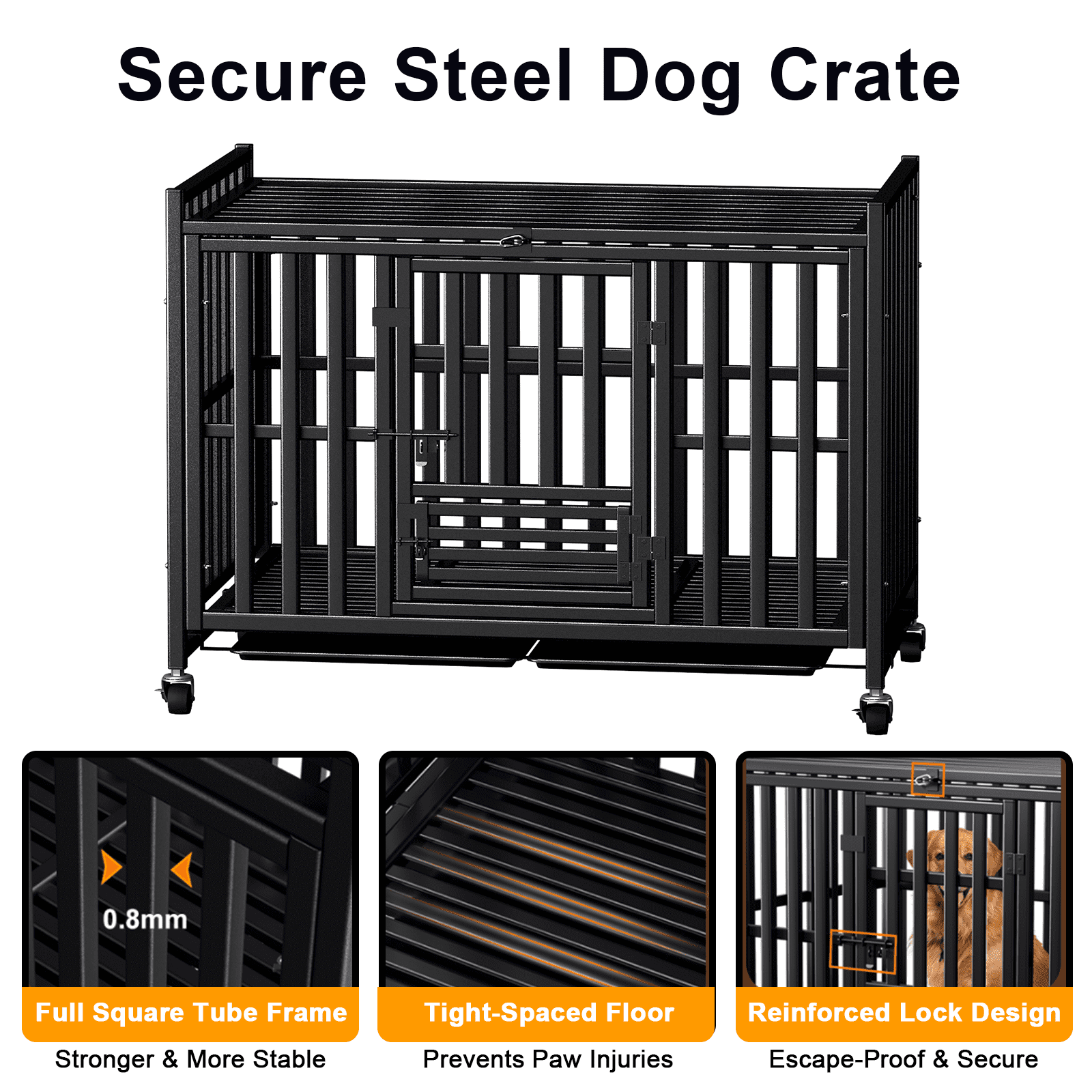 Indestructible Heavy Duty Dog Crate for Dogs, Escape-Proof Metal Kennel with Lockable Wheels & Removable Tray, Reinforced Steel Frame, Easy to Clean