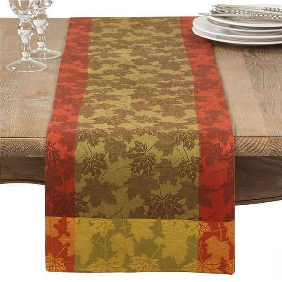 SARO 1221.M1372B 13 x 72 in. Rectangle Fall Foliage Autumn Leaves Design Jacquard Cotton Table Runner Multi Color