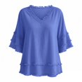 thumbnail image 4 of Linen Shirts for Women Summer Short Sleeve Loose Casual V Neck Raw Distressed T Shirt Lightweight Beach Tops, 4 of 5