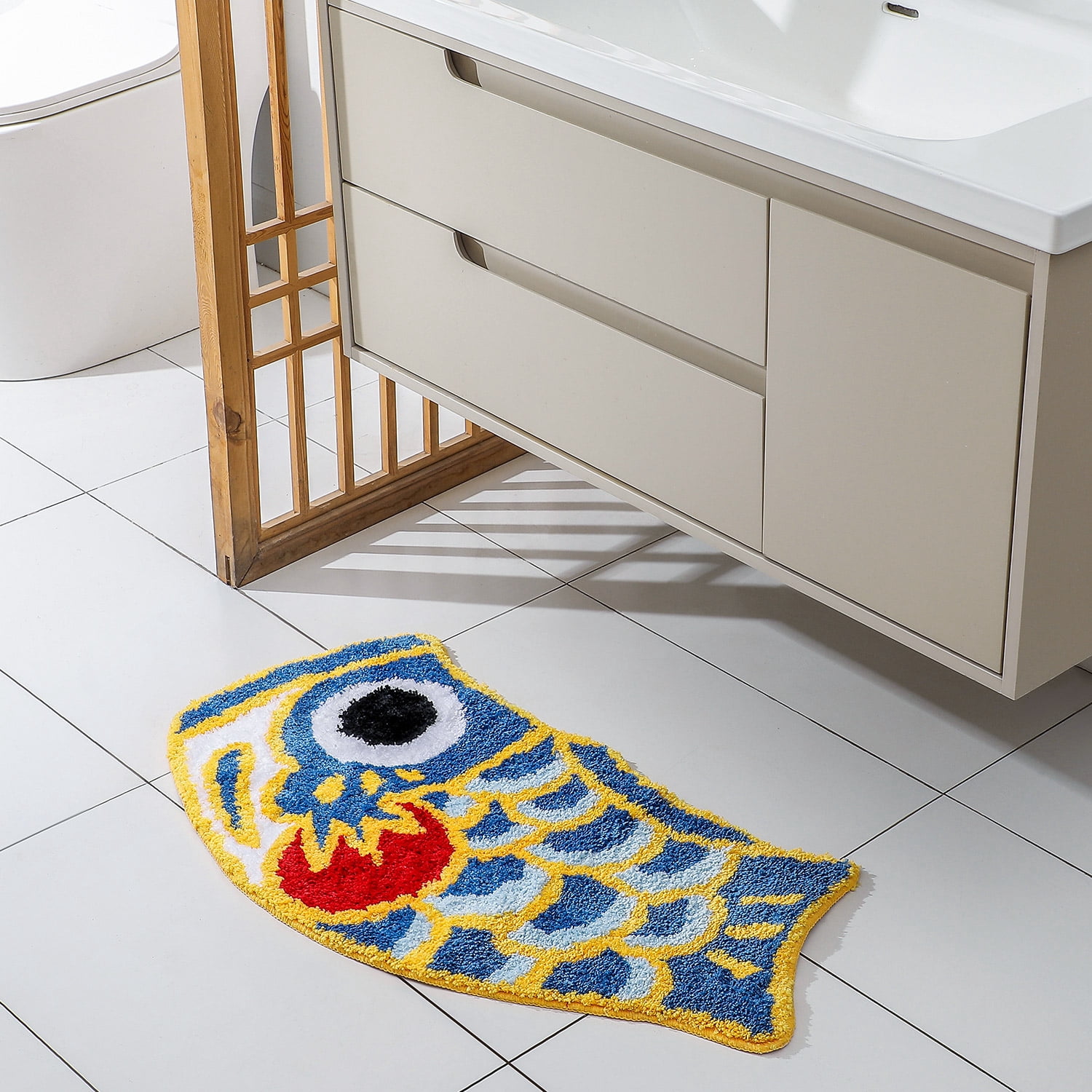 Feblilac Cute Fish Bath Mat For Bathroom, Japanese Koi Flag Soft Water Absorbent, Non-Slip, Machine Washable (Blue)