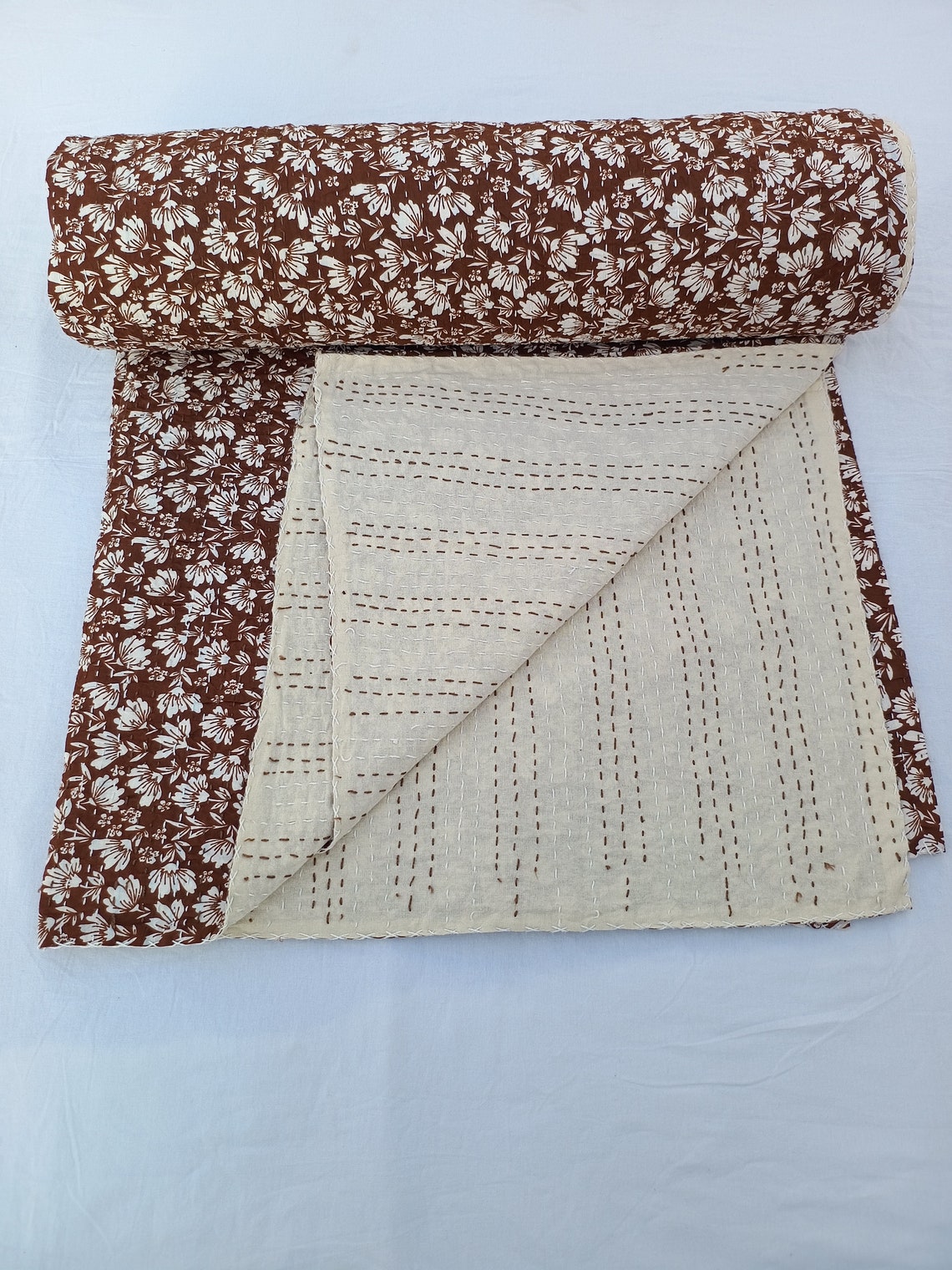 Cotton Kantha Quilt Nature & Floral Hand-Stitched Bedspread – King Size 108 x 108 Inches – Vegetable Dyed, Breathable Reversible Blanket