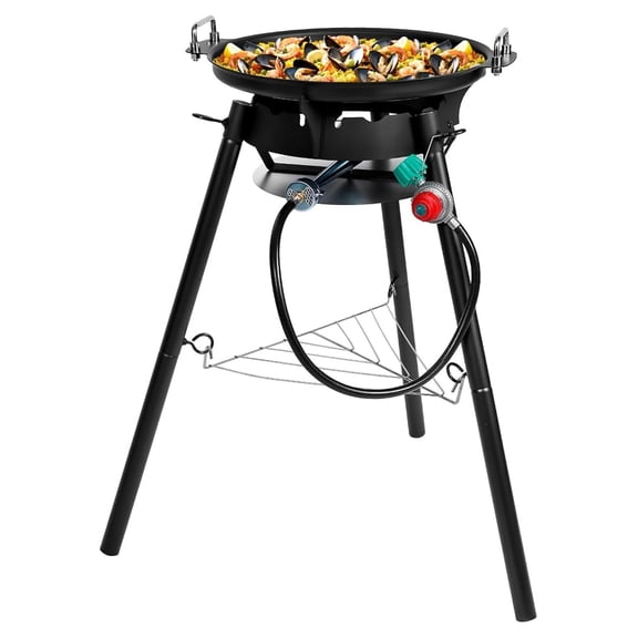 Q044-Paella Pan Set with Burner, 16 Inch Carbon Steel Outdoor Pan and Reinforced/Adjustion Legsfor Outdoor Cooking