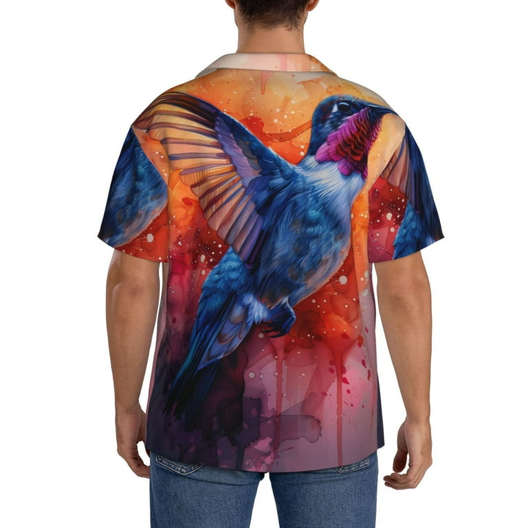 Haiem Vibrant Hummingbird Watercolor Art Men's Casual Shirts Short